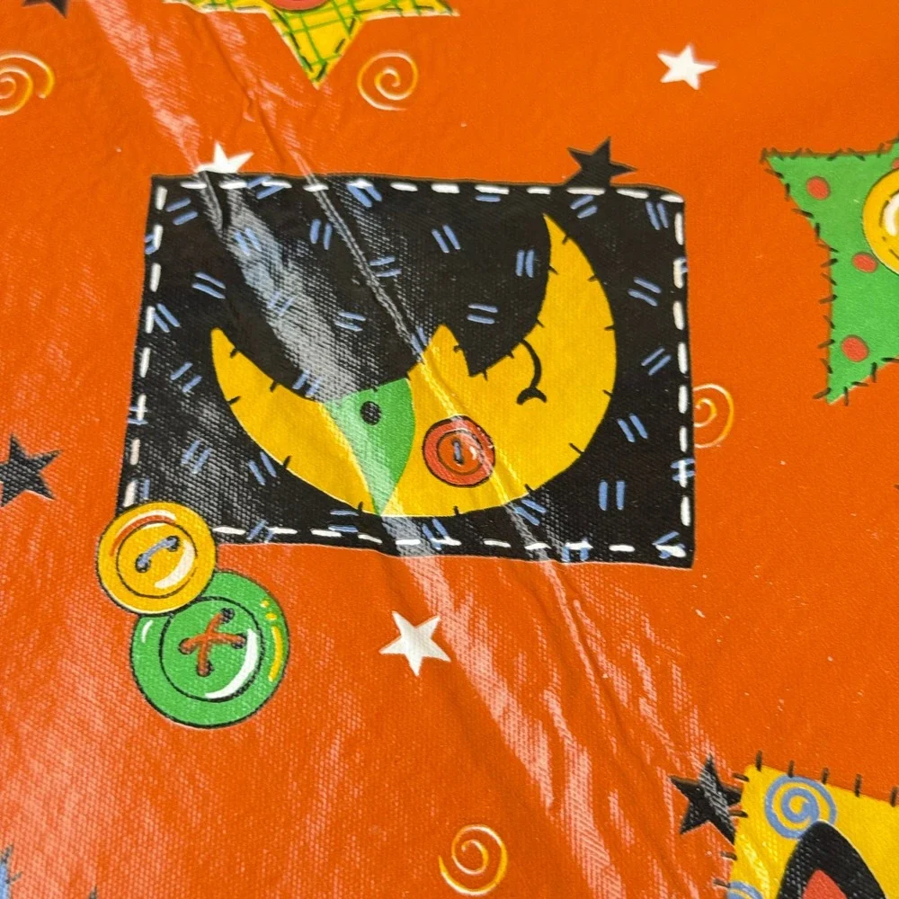 Halloween Vinyl/Flannel Backed Tablecloth Orange Black Cat Moon Stars 86